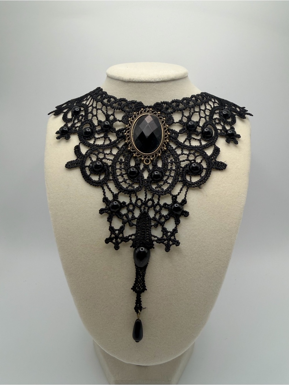 Black Lace Statement Necklace with Faceted Center